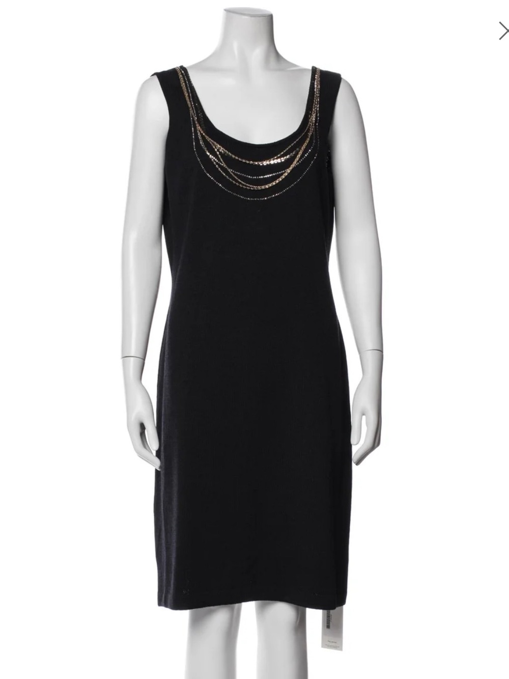 St. John Black Sleeveless Scoop-Neck Dress with Gold Chain Detail